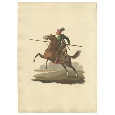 Antique Print of Turkish Cavalry Costume, Hand-Colored Aquatint, 1818
