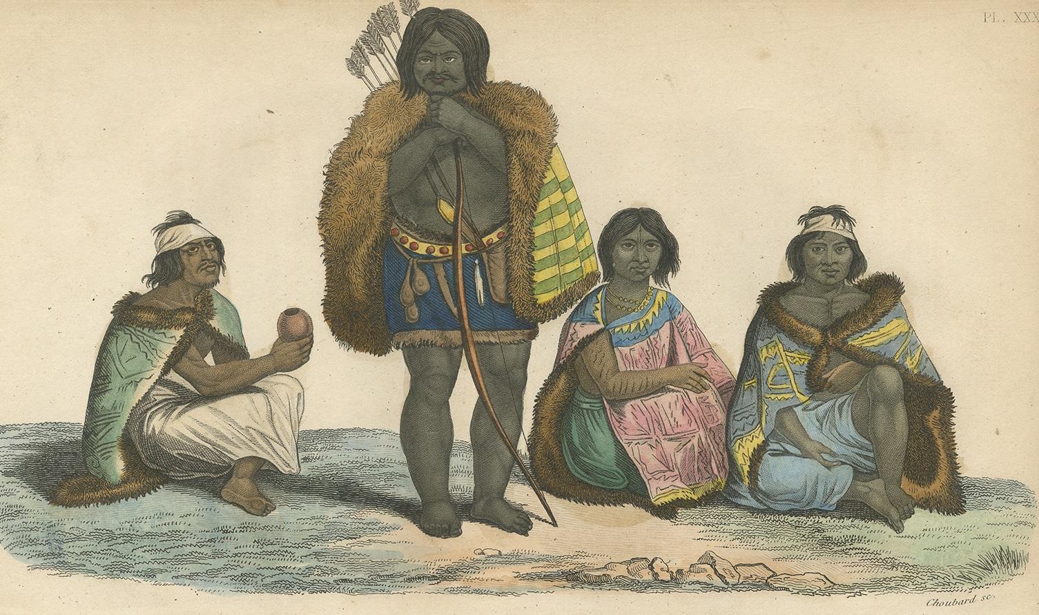 Antique print titled 'Charruas vus à Paris'. Lithograph of Charrúa, an Amerindian, Indigenous People or Indigenous Nation of the Southern Cone in present-day Uruguay and the adjacent areas in Argentina (Entre Ríos) and Brazil (Rio Grande do Sul).