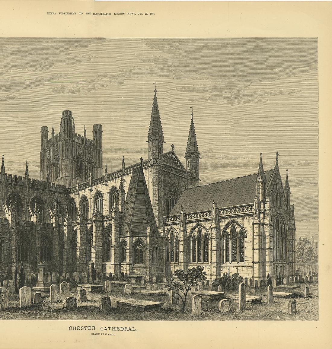 Paper Antique Print of Chester Cathedral from the Illustrated London News, 1881 For Sale