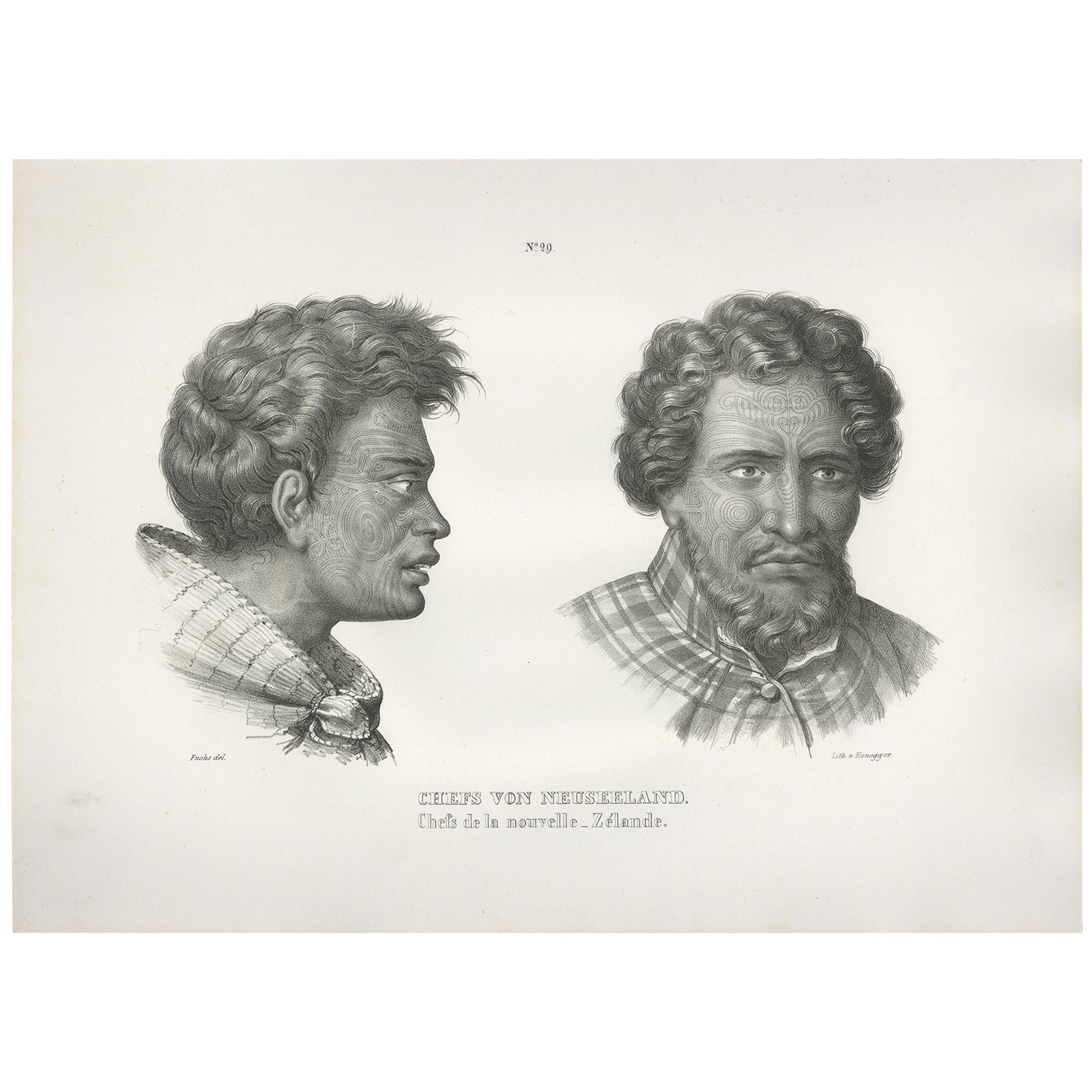 Antique Print of Chiefs of New Zealand by Honegger, 1845 For Sale