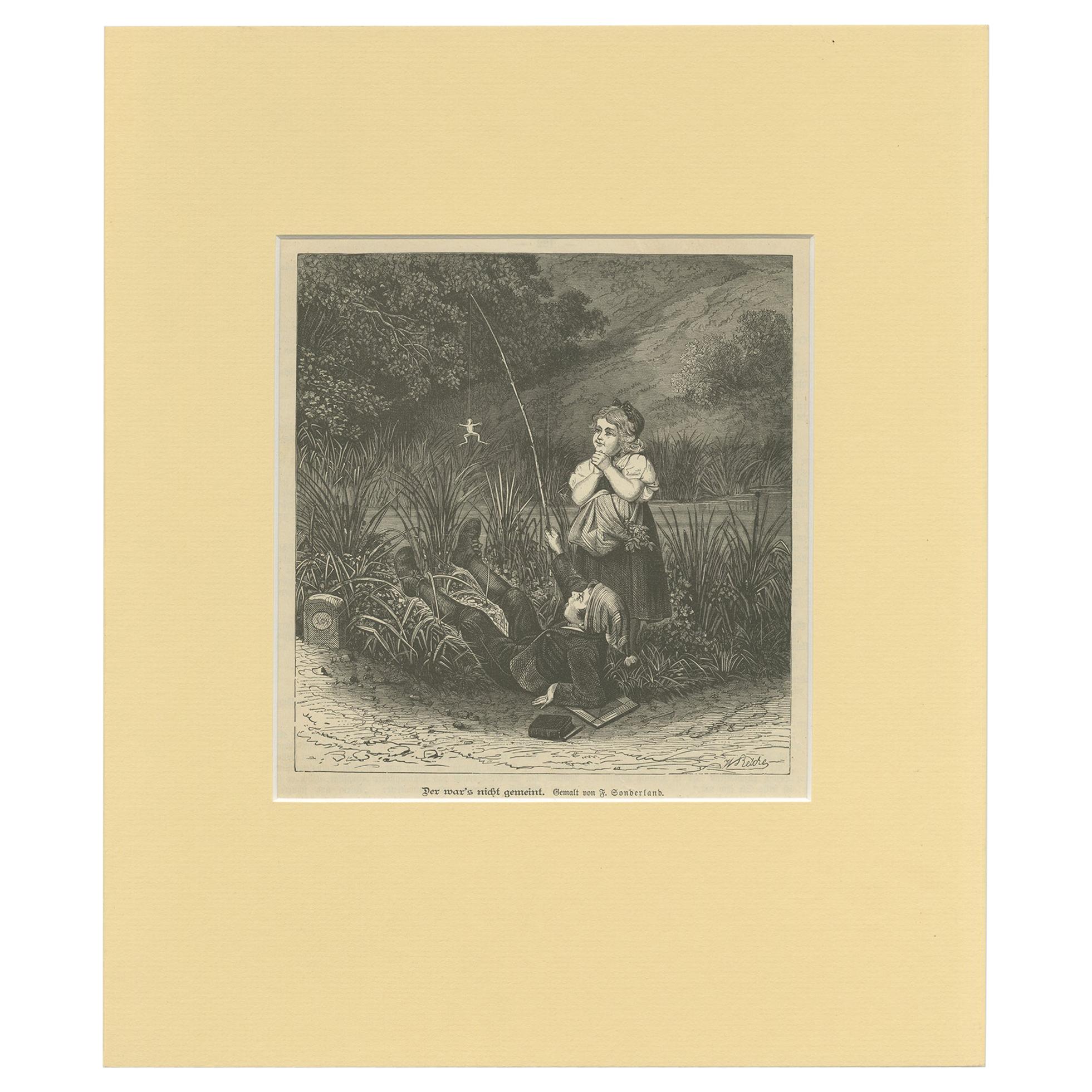 Estampa antigua de niños atrapando accidentalmente una rana 'C.1900'