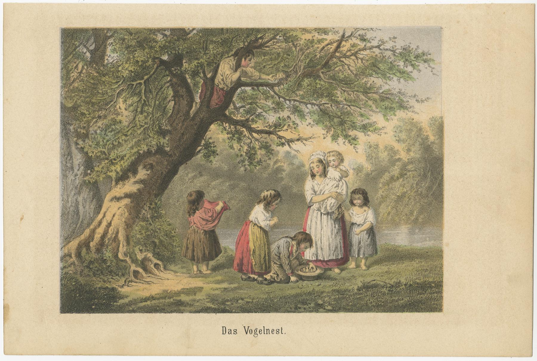 Antique print titled 'Das Vogelnest'. Old lithograph of a group of children finding a bird's nest. Source unknown, to be determined. Published circa 1860.