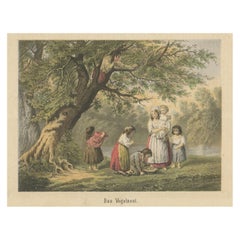 Impression ancienne d'enfants trouvant un nid d'oiseau