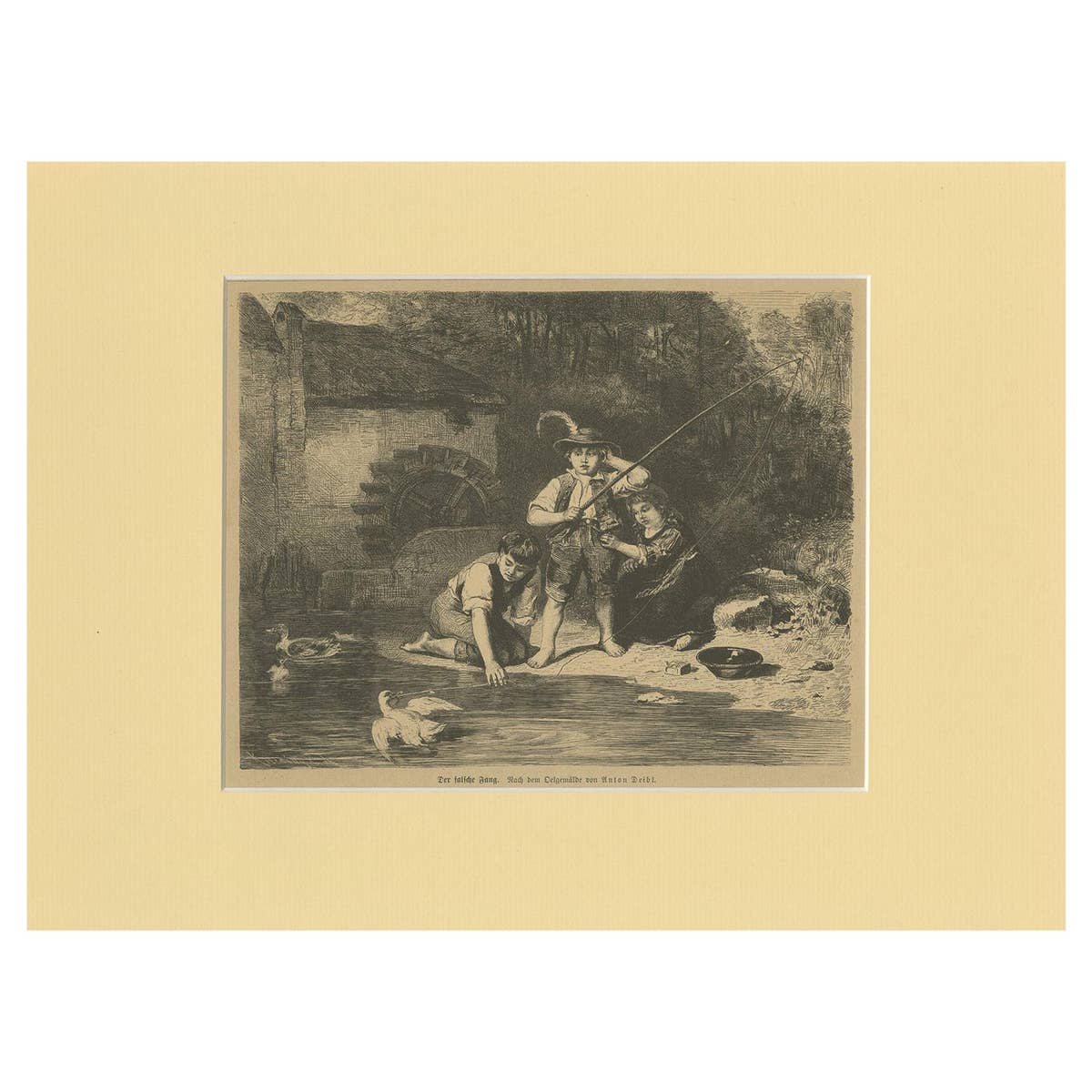 Antique Print of Children Fishing 'c.1900'