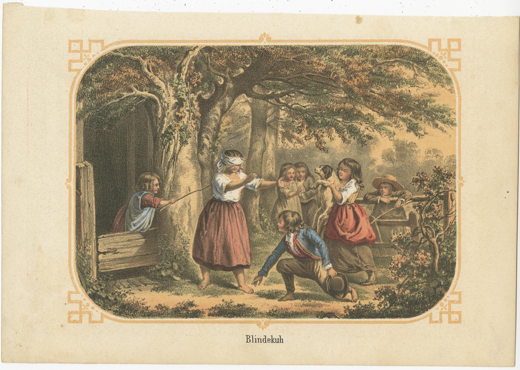 Antique print titled 'Blindekuh'. Old lithograph of a group of children playing a blindfold game. Source unknown, to be determined. Published circa 1860.