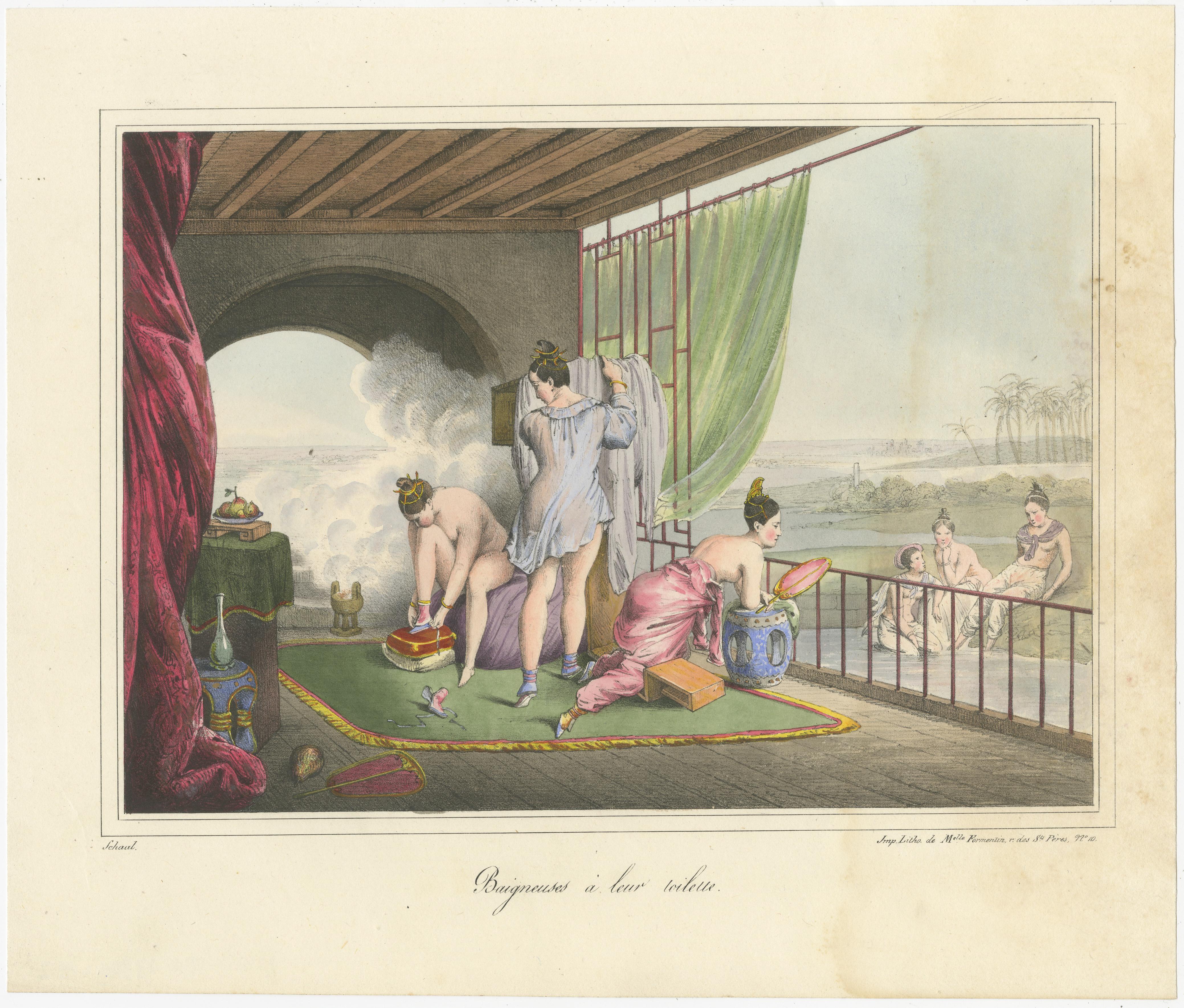 Antique print titled 'Baigneuses à leur toilette'. Print of Chinese bathing women. Published by Formentin & Cie, circa 1830.
