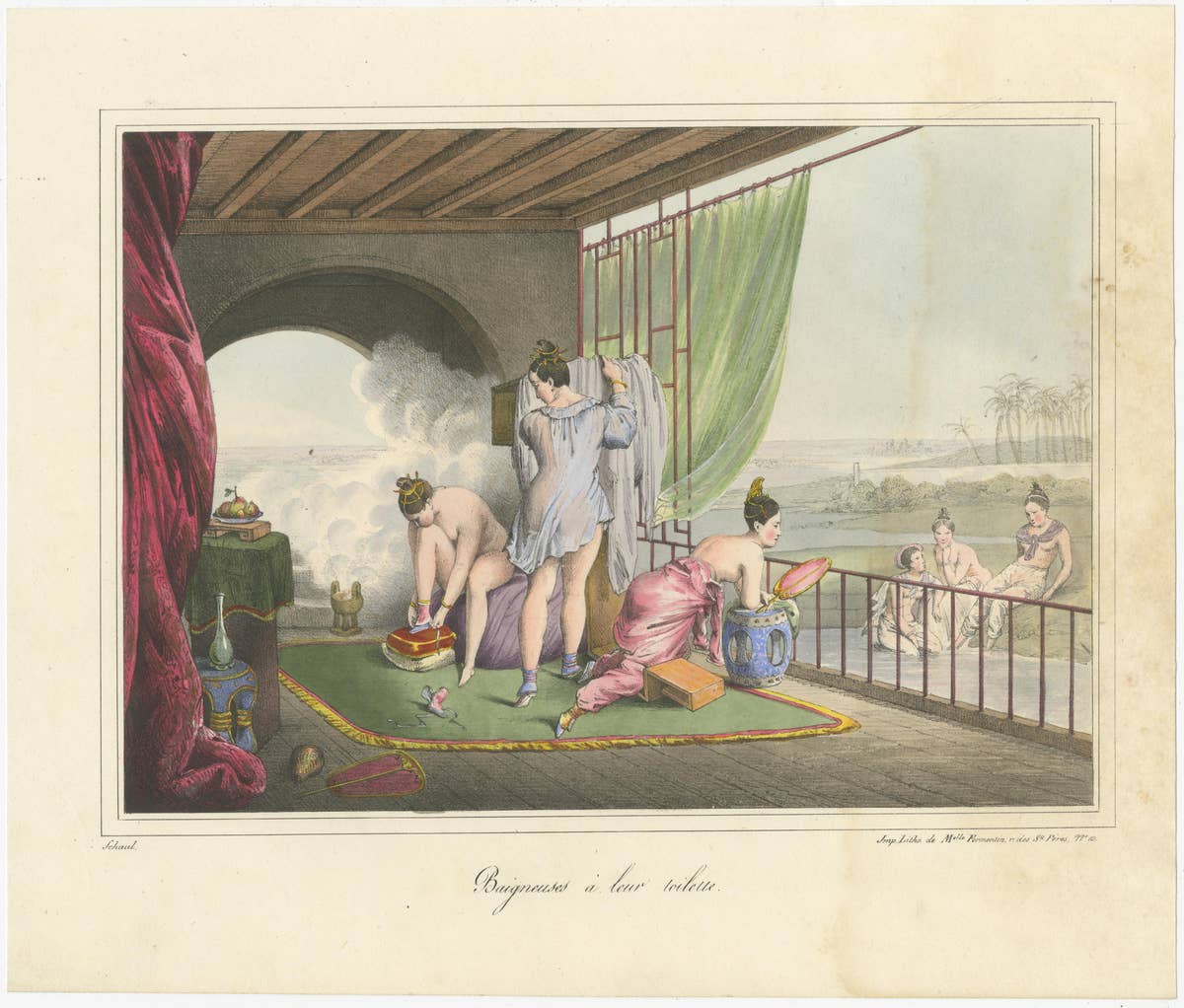 Antique Print of Chinese Bathing Women