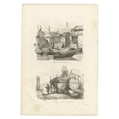 Antique Print of Chinese Boats and a Chinese Village by Dumont d'Urville '1834'