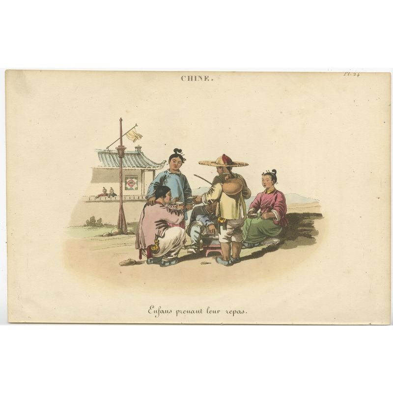 Antique print titled 'Enfans prenant leur repas'. Old print of Chinese children having their meal, China. Source unknown, to be determined. 

Artists and Engravers: Anonymous. 

Condition: Good, general age-related toning. Blank verso, please