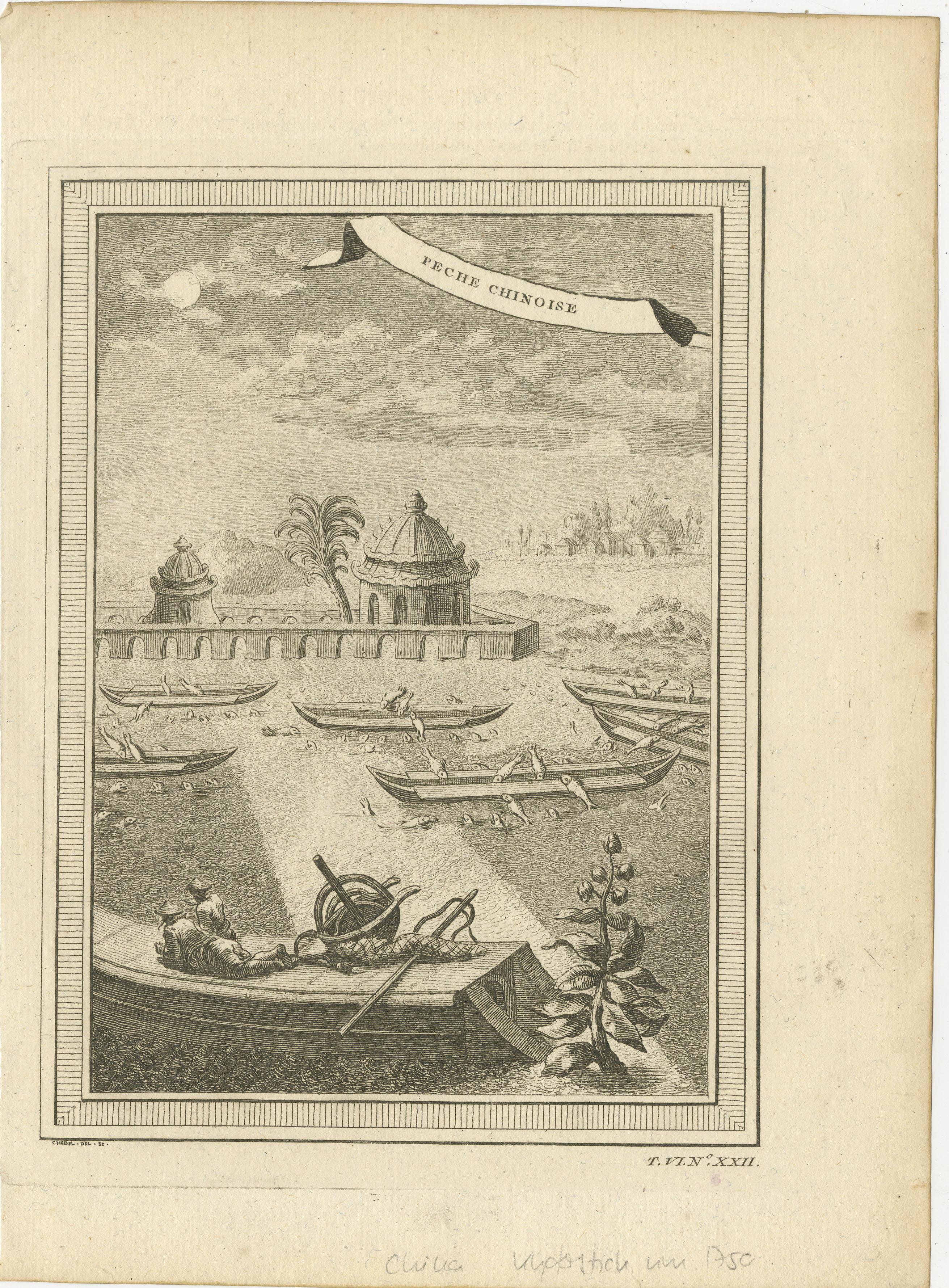Antique print titled 'Peche Chinoise'. The plate depicts a pair of fishermen resting beside their nets on a stone pier at the edge of a large sea enclosure. The enclosure is teeming with fish, which jump over and around the empty narrow fishing