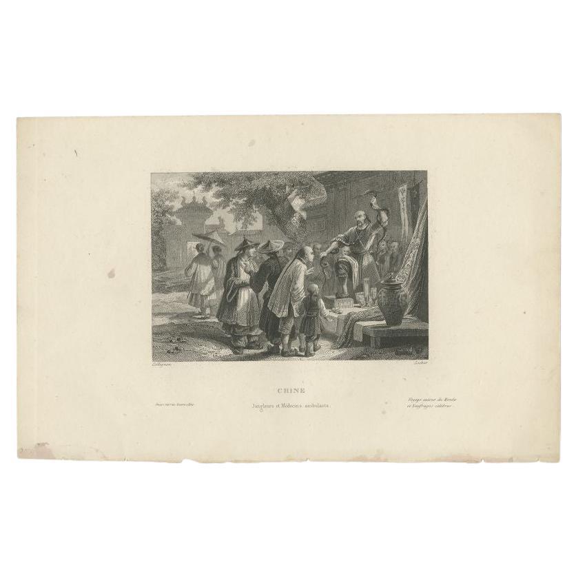 Antique Print of Chinese Jugglers and Doctors by De Lurcy, circa 1844 For Sale