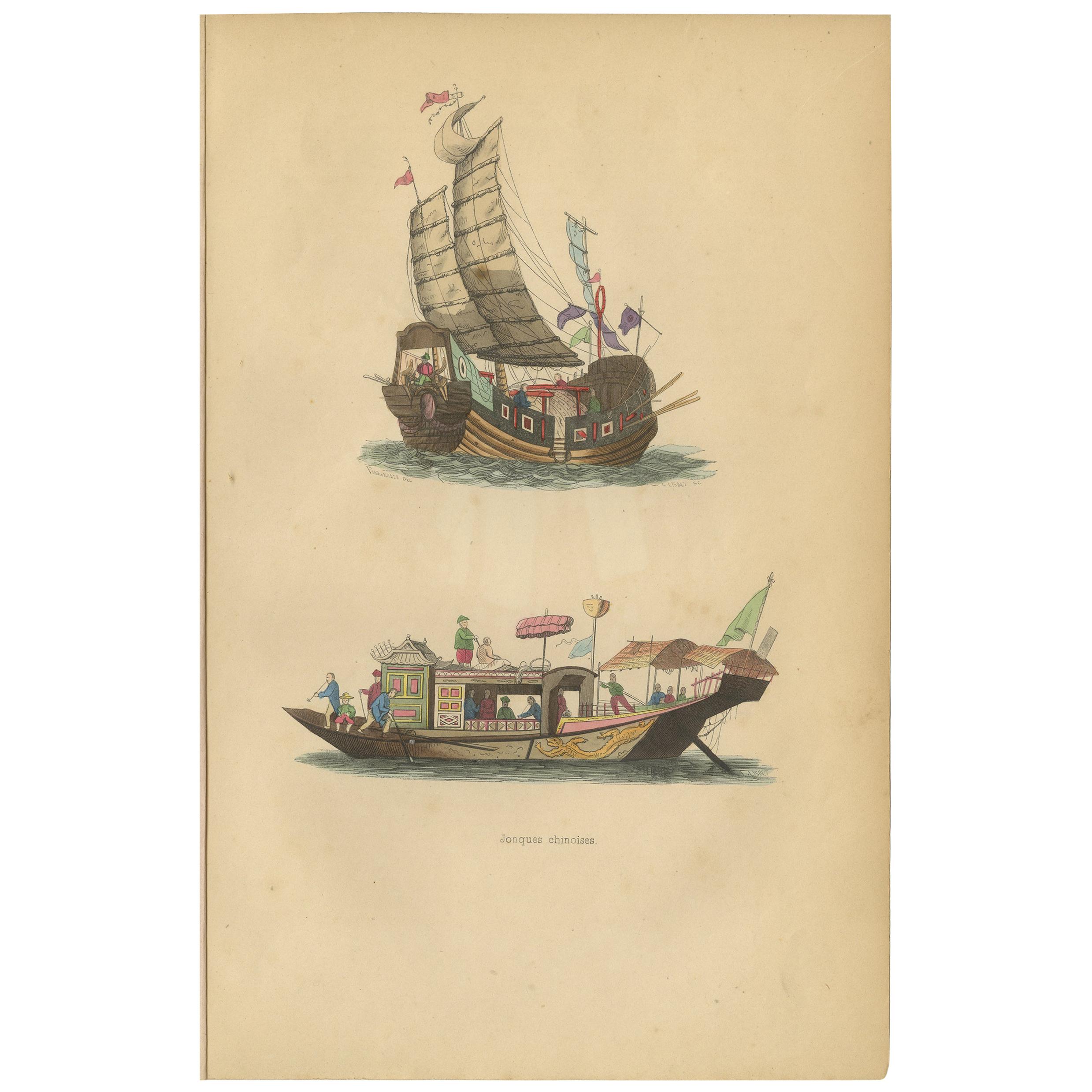 Antique Print of Chinese Junks by Wahlen '1843' For Sale