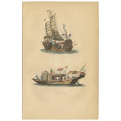 Antique Print of Chinese Junks by Wahlen '1843'