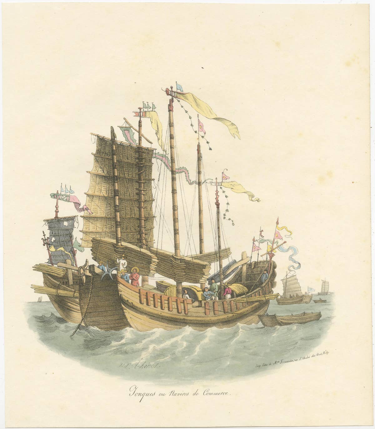 Antique Print of Chinese Junks or Merchant Ships, 1827