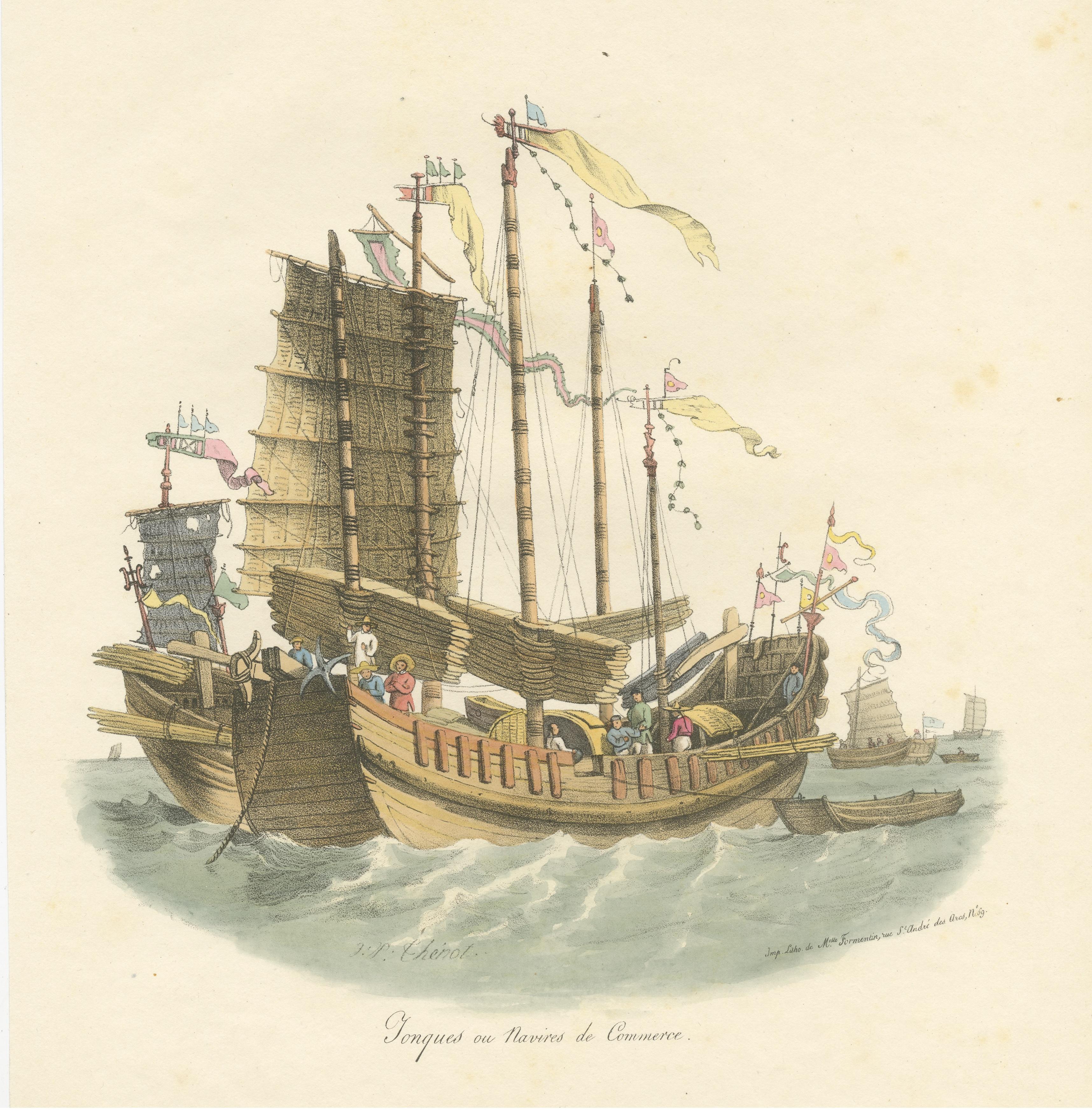 Impression ancienne de Junks ou de navires de marchands chinois, 1827 État moyen - En vente à Langweer, NL