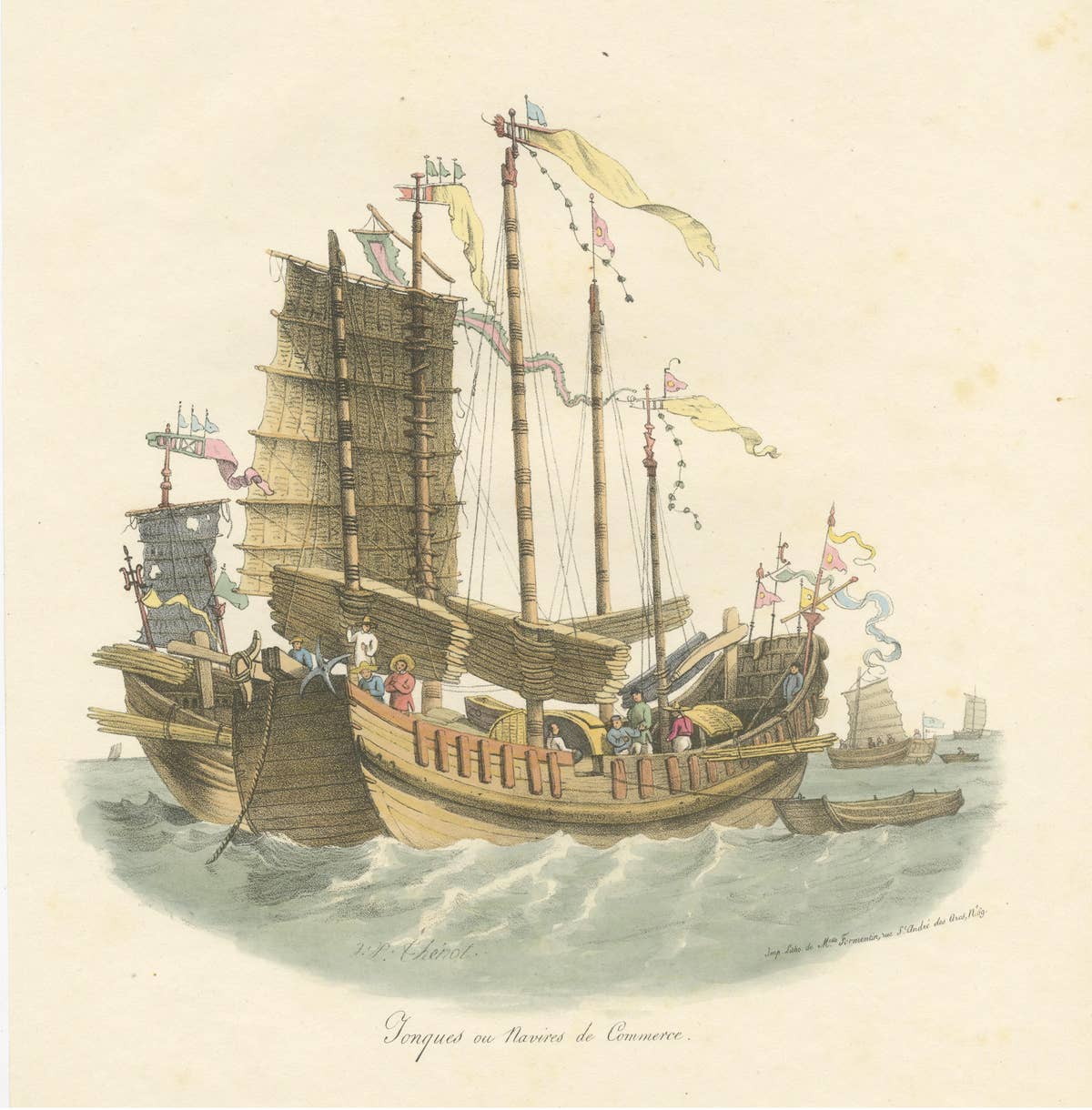 Antique Print of Chinese Junks or Merchant Ships, 1827