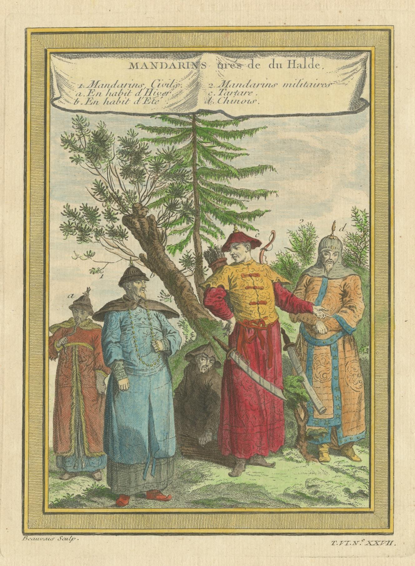 Antique print titled 'Mandarins tirés de du Halde'. Copper engraving of Chinese Mandarins. This print originates from volume 6 of 'Histoire générale des voyages ou nouvelle collection (..)' published by Didot, 1748.