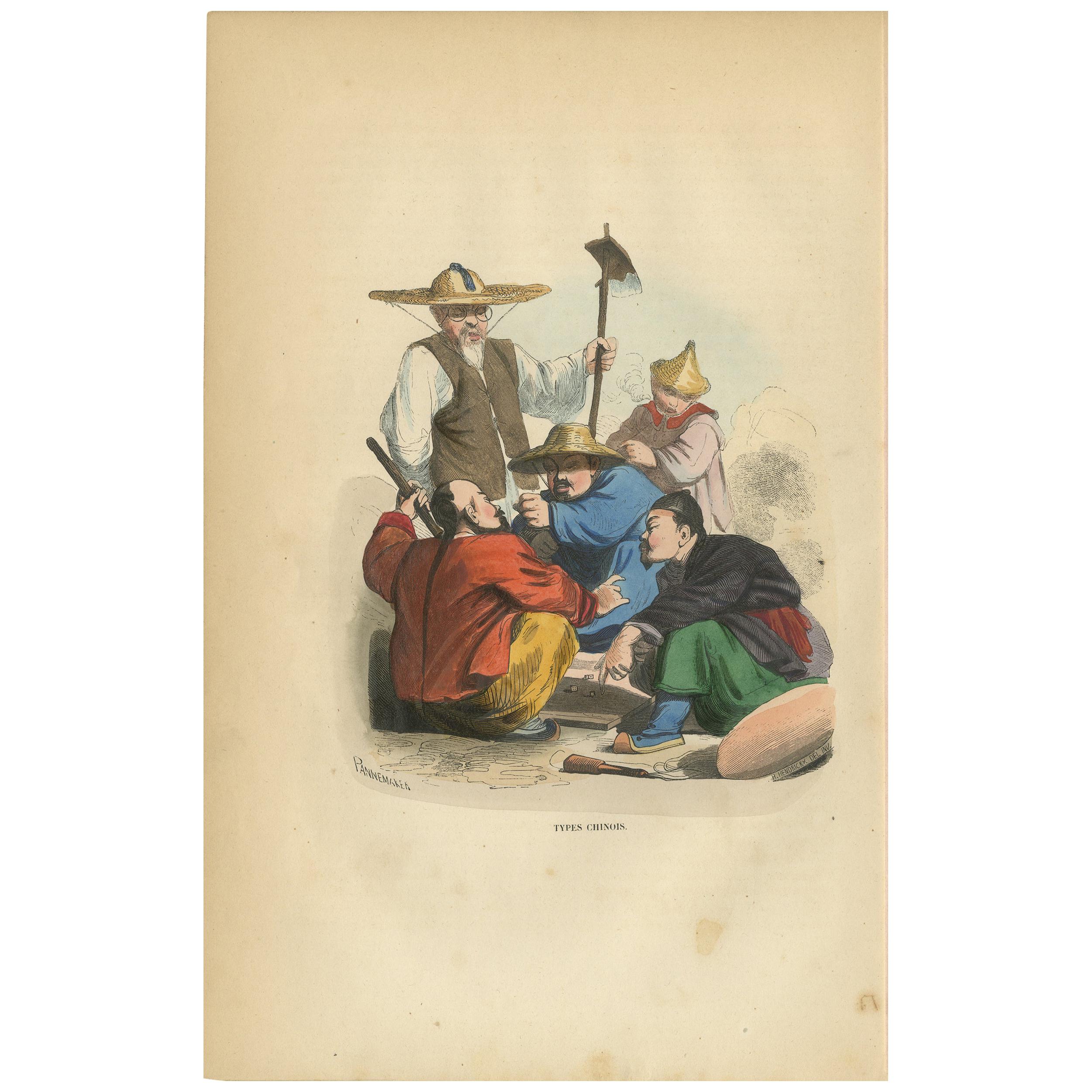 Antique Print of Chinese Men's Playing a Game of Dice by Wahlen, 1843