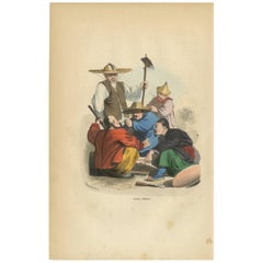 Antique Print of Chinese Men's Playing a Game of Dice by Wahlen, 1843