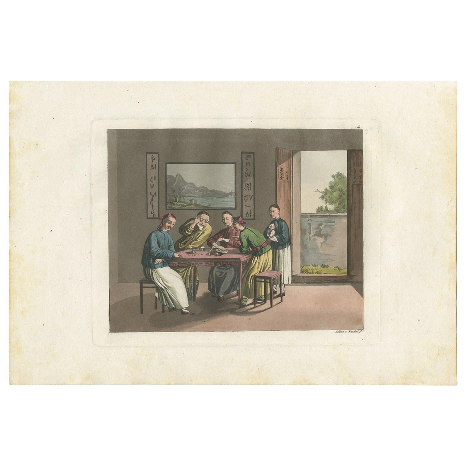 Antique Print of Chinese Men Playing Games by Ferrario '1831' For Sale