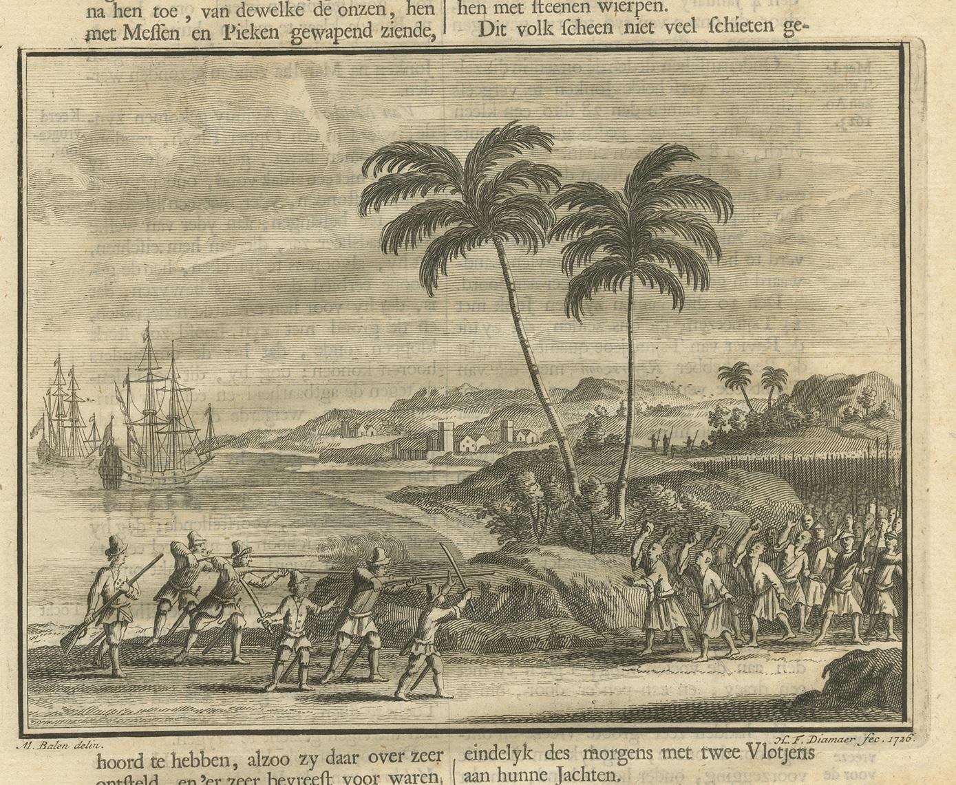 Untitled print of the Dutch arriving and pointing their guns at Chinese natives, armed with rocks, knifes and spears. Text on verso. This print originates from 'Oud en Nieuw Oost-Indiën' by F. Valentijn.
