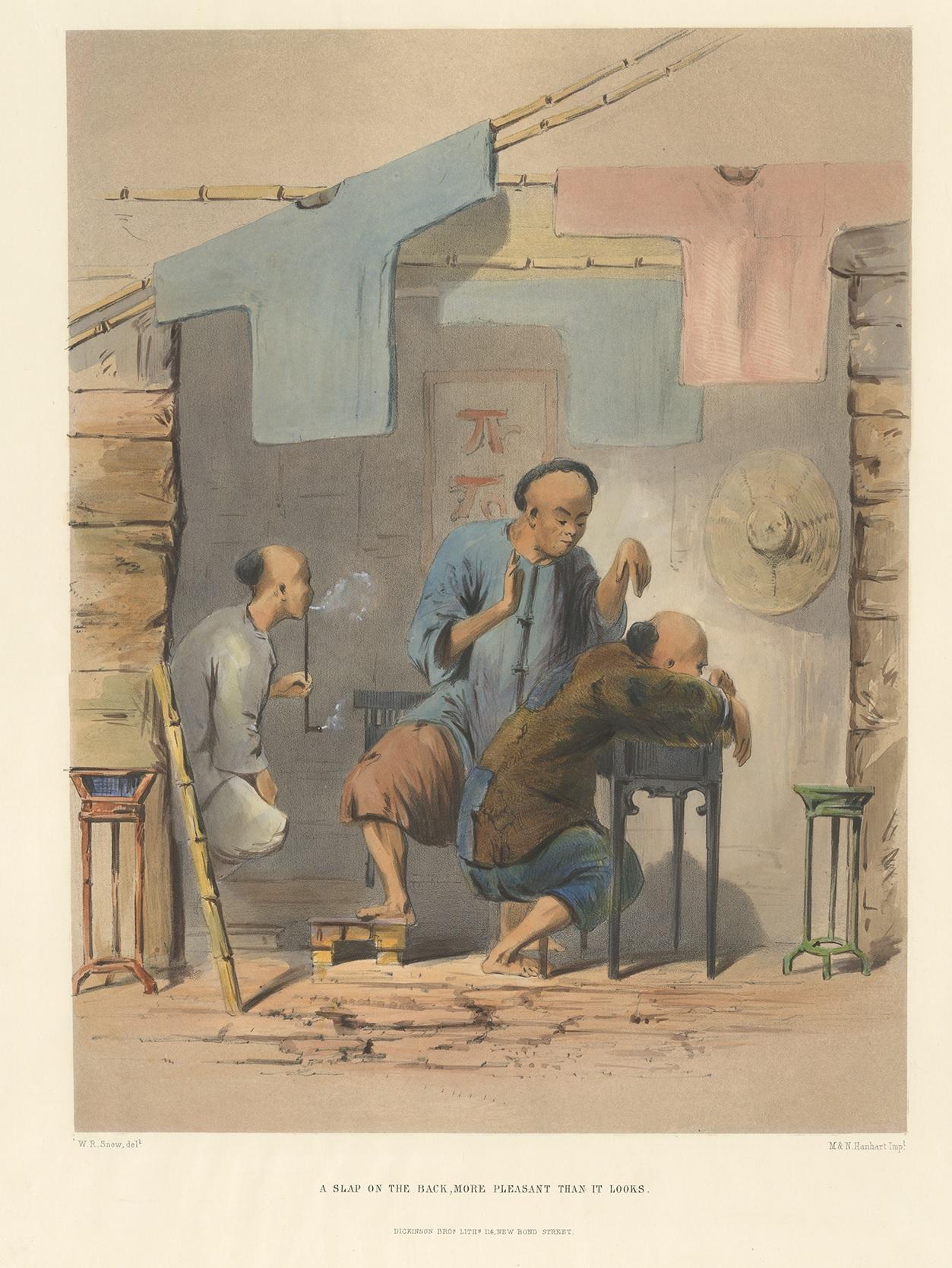 Antique print titled 'A slap on the back, more pleasant than it looks'. Old print of a Chinese man giving a massage and a Chinese man smoking opium. This print originates from 'Sketches of Chinese Life & Character'. Lithographed plate by M.&