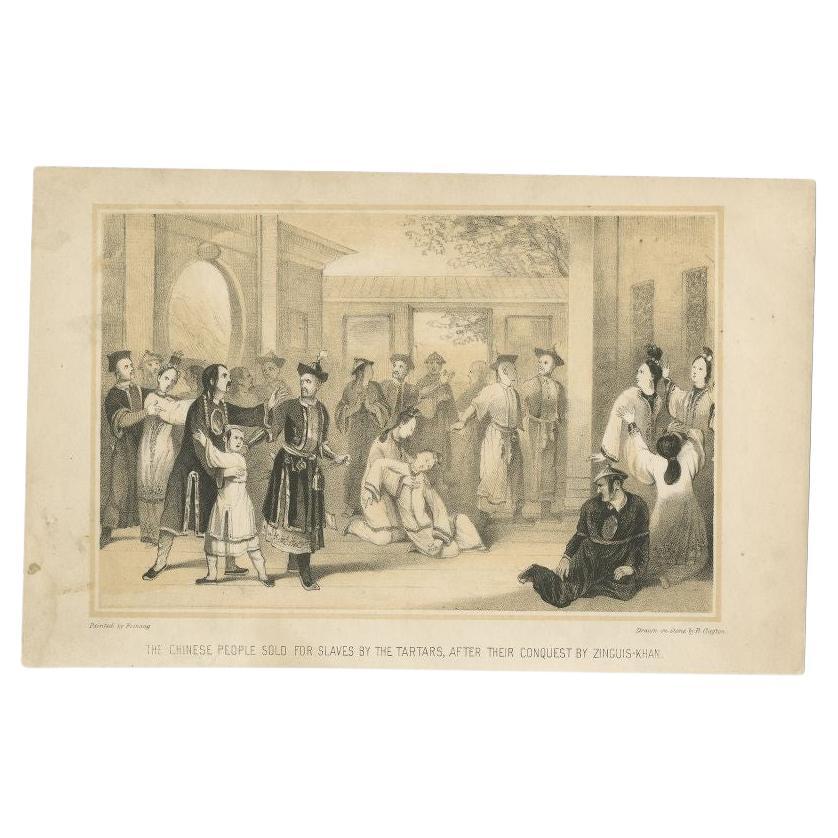 Antique print titled 'The Chinese people sold for slaves by the Tartars, after their conquest by Zinguis-Khan'. Lithograph of Chinese slaves. This print originates from 'The History of China & India, Pictorial & Descriptive' by Miss Julia Corner.