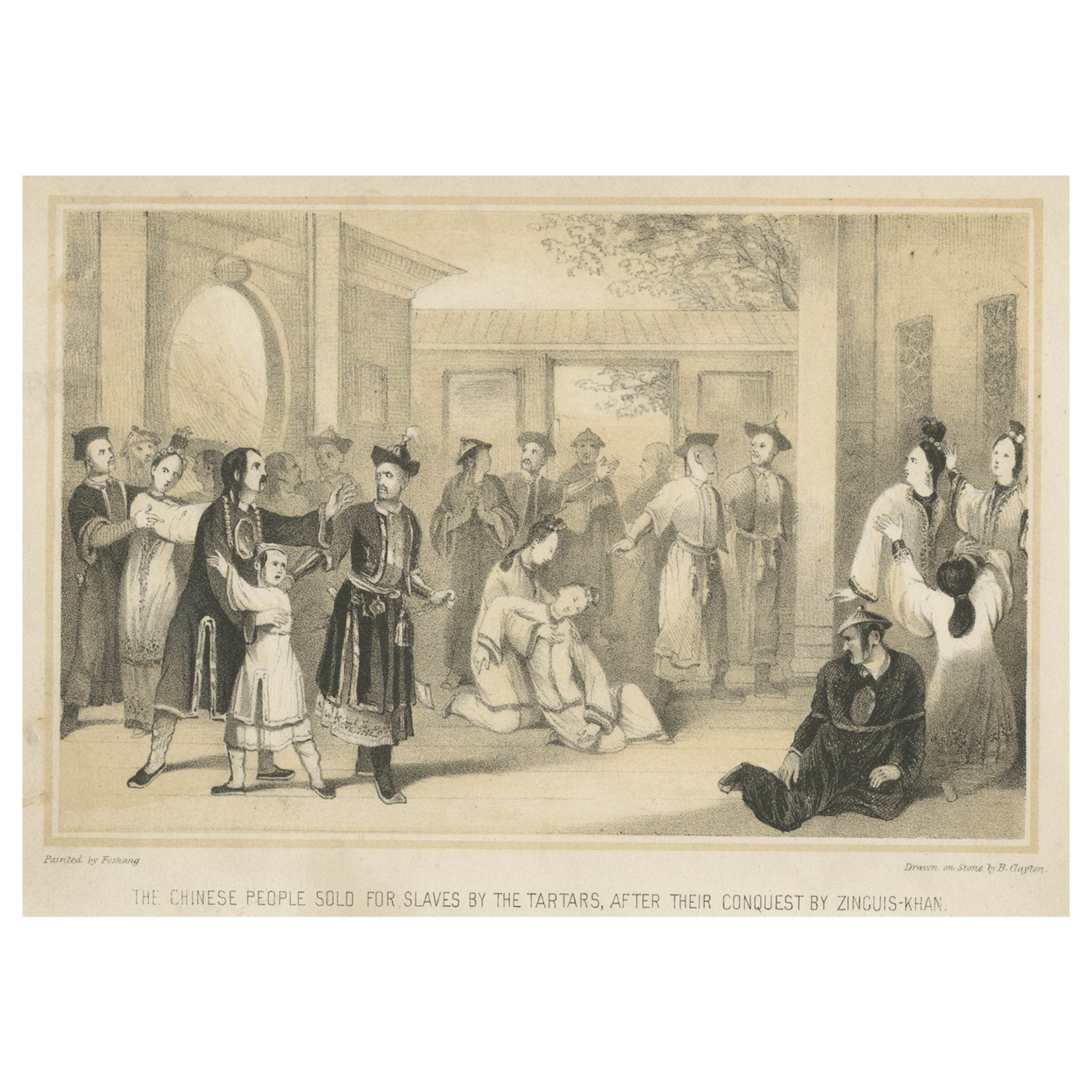 Antiker Druck chinesischer Slaven, verkauft von Tartaren nach dem Sieg von Genghis Khan, 1843