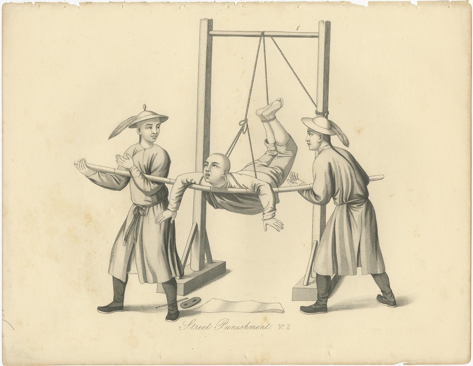 Antique print titled 'No.2 Street Punishments'. Print of Chinese street punishments. Shows a prisoner suspended from a cross-pole, supported by two uprights, by a rope passed round his neck and under his arms—his feet being tied together, and drawn