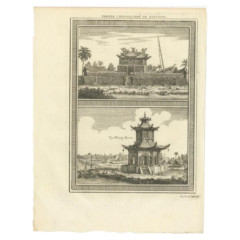 Antiker Druck chinesischer Tempel, 1748