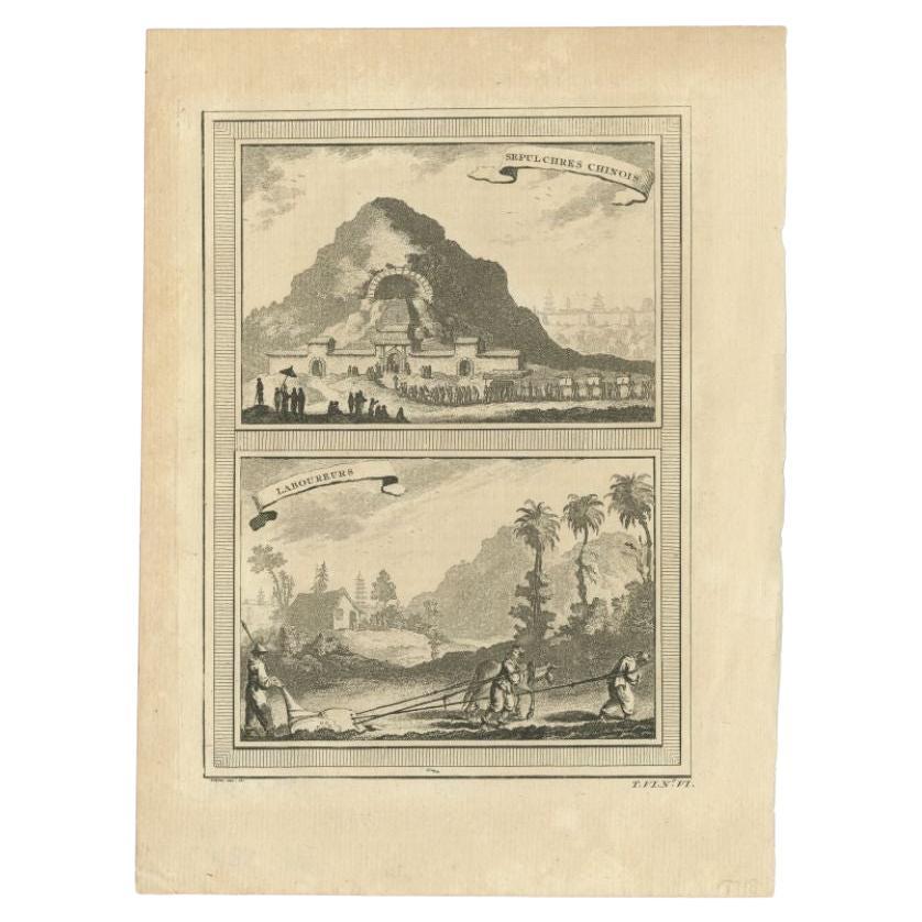 Antique print titled 'Sepulchres Chinois - Laboureurs'. View of Chinese tombs and Chinese farmers. This print originates from Prevost's 'Histoire Generale des Voyages'.

Artists and Engravers: Engraved by Chedel. Pierre Quentin Chedel (1705-1763)