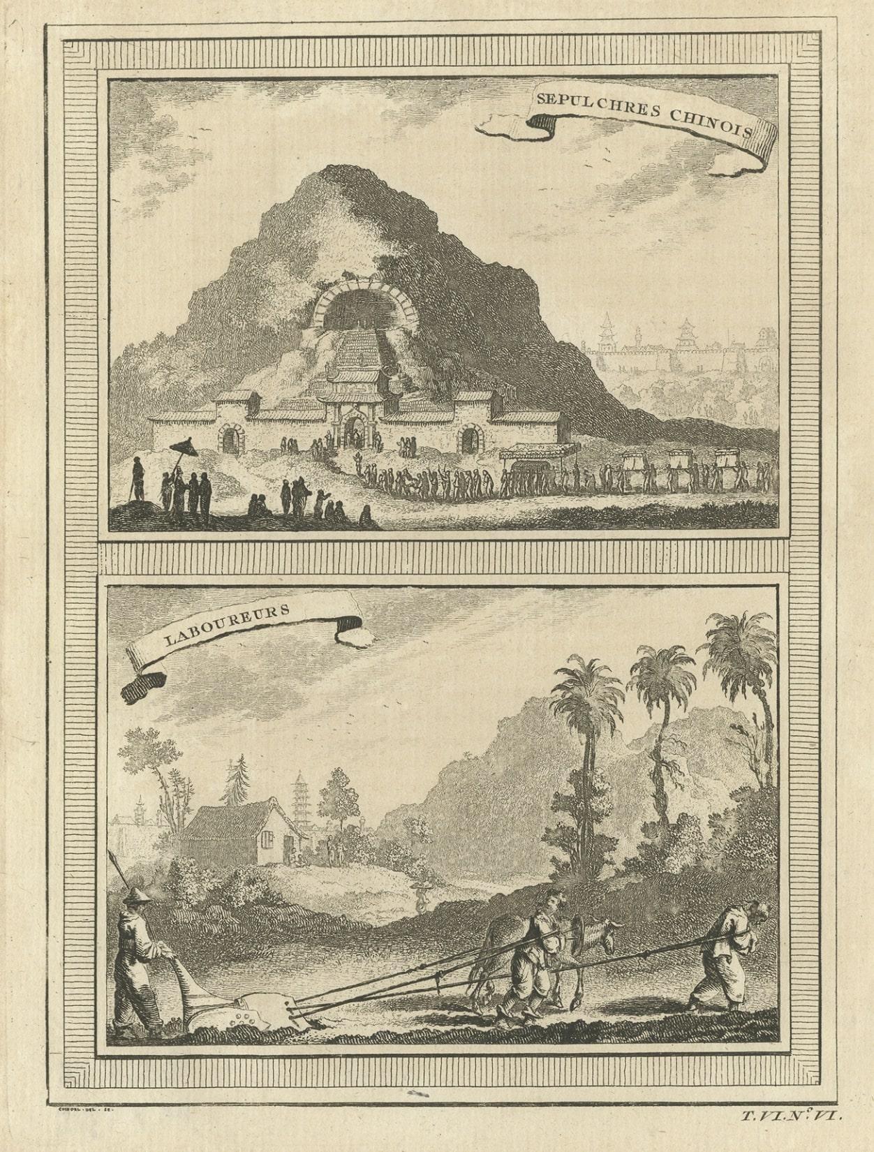 Impression ancienne de Tombes chinoises et de Fermiers chinois, 1748