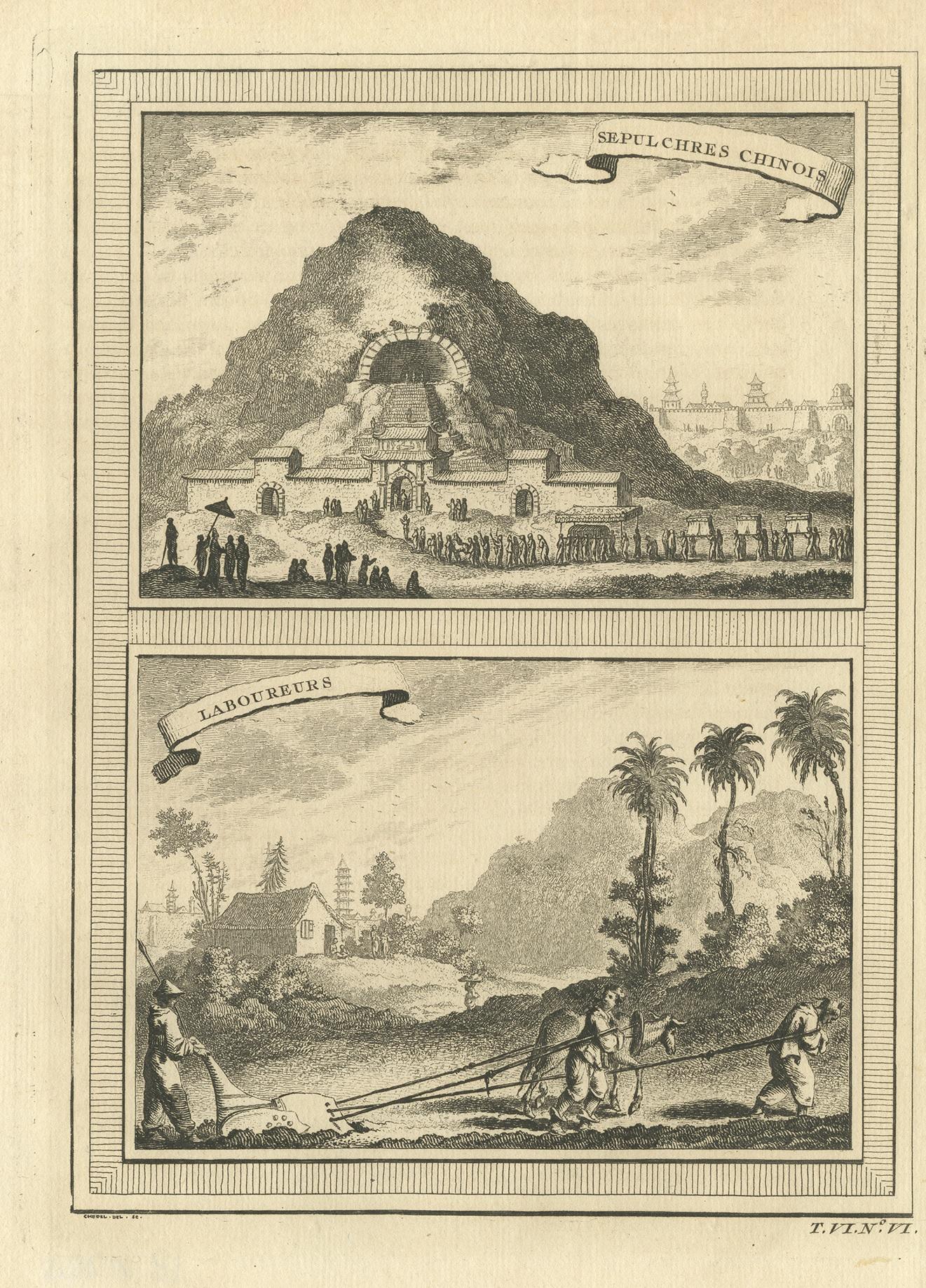 Antique print titled 'Sepulchres Chinois - Laboureurs'. View of Chinese tombs and Chinese farmers. This print originates from Prevost's 'Histoire Generale des Voyages'.