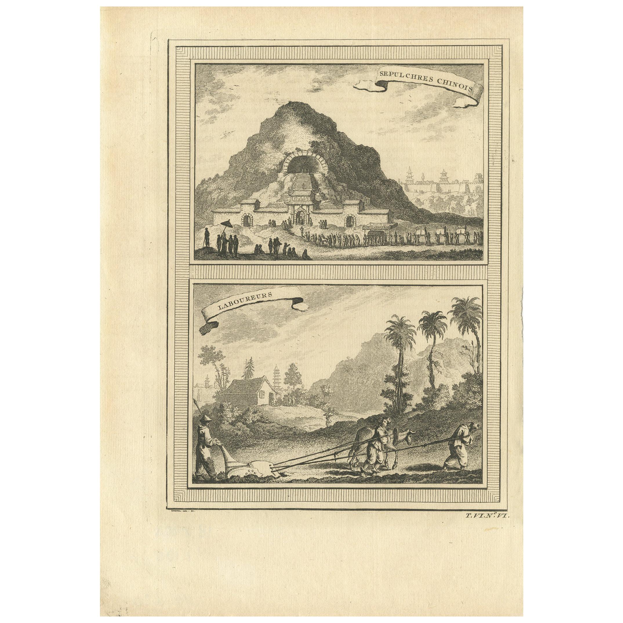 Antique Print of Chinese Tombs and Chinese Farmers by Chedel '1748'