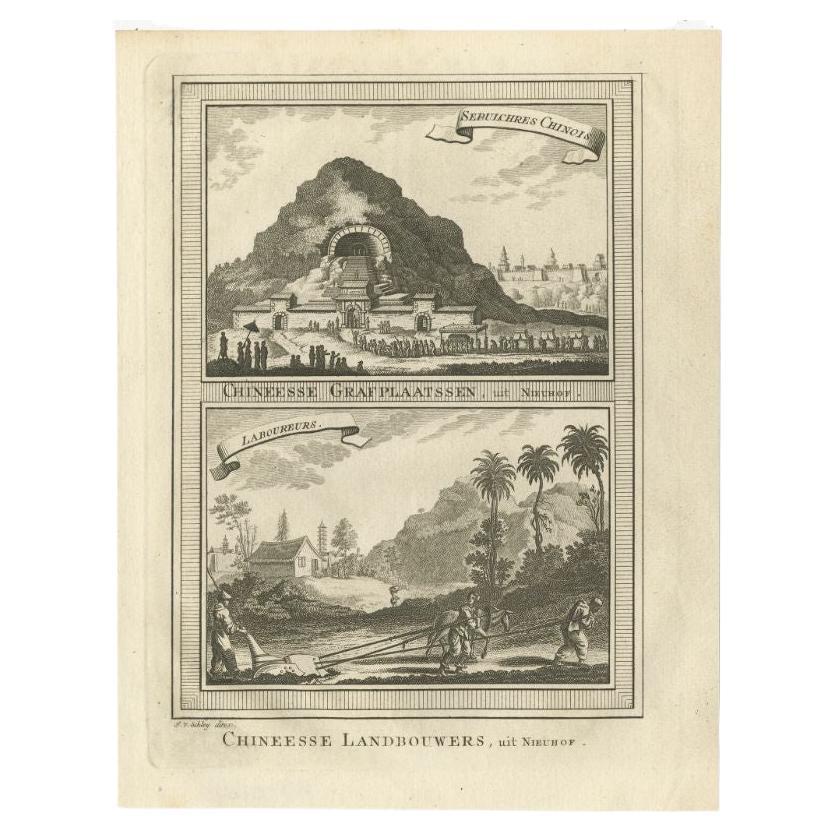 Grabado antiguo de Tumbas chinas y granjeros chinos por Van Schley, 1749