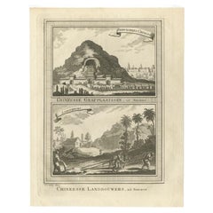Impression ancienne de Tombes chinoises et de Fermiers chinois par Van Schley, 1749