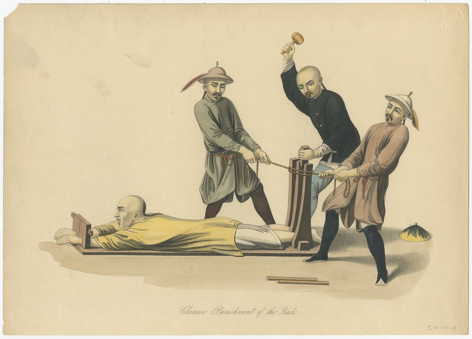 Antique print titled 'Chinese Punishment of the Rack'. Print of Chinese punishment of the rack. The rack is a torture device consisting of a rectangular, usually wooden frame. This print originates from 'The Chinese Empire: historical and