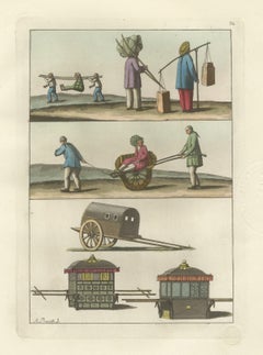 Antique Print of Chinese Transport, Sedan Chairs and a Wheelbarrow, 1815