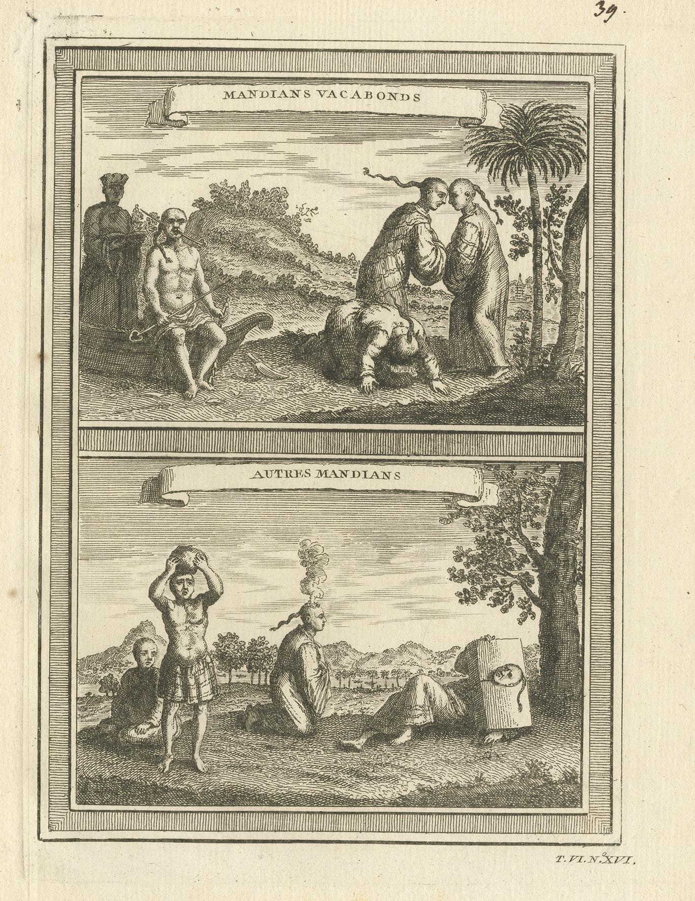 Antique print titled 'Mandians Vacabonds - Autres Mandians'. Two views of so-called 'Mandians,' either residents of the region in Anhui province, or some type of nomadic people. They seem to be distinguished by their shaved heads and long plaits.