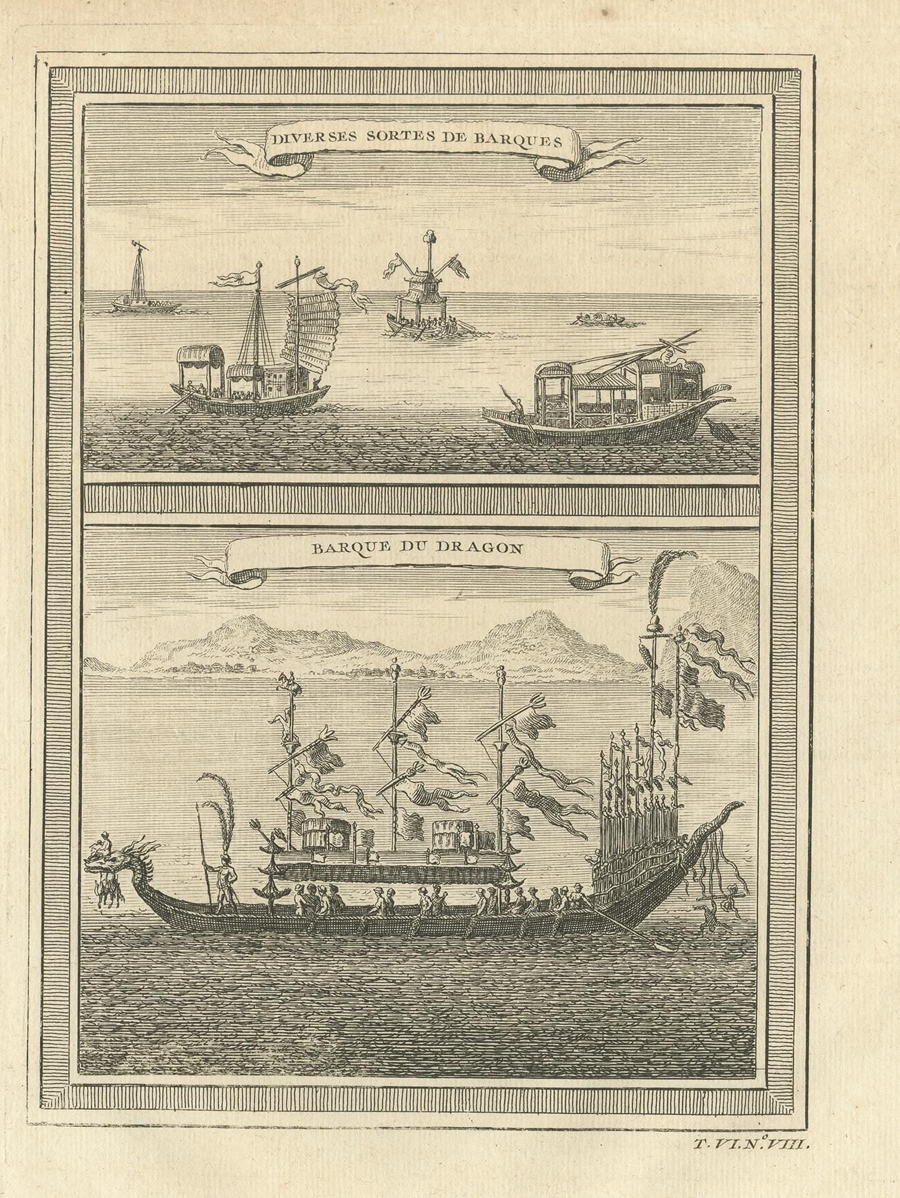 Antique print titled 'Diverses Sortes de Barques - Barque du Dragon'. View of Chinese vessels. The top view depicts various types of Chinese barque, including a small vessel at centre that is topped with a high canopy with a shrine on its roof and a
