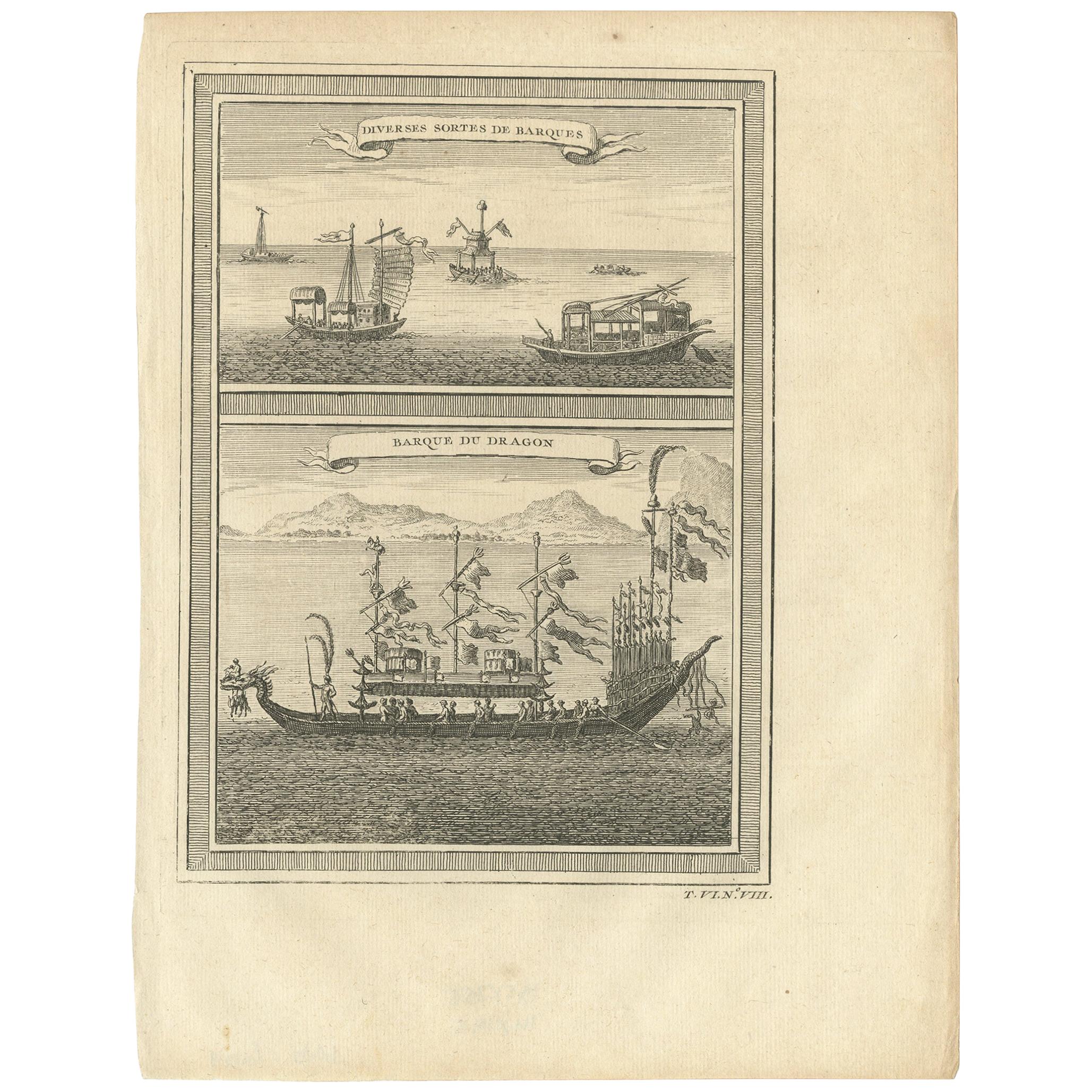 Antique Print of Chinese Vessels, 1748 For Sale