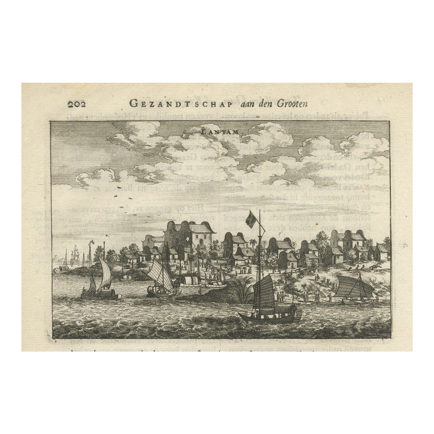 Impression ancienne de récipients chinois près de Lantam, Chine, 1665