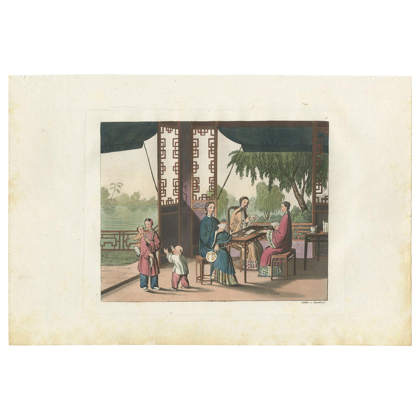 Antique Print of Chinese Women Playing Games by Ferrario '1831' For Sale