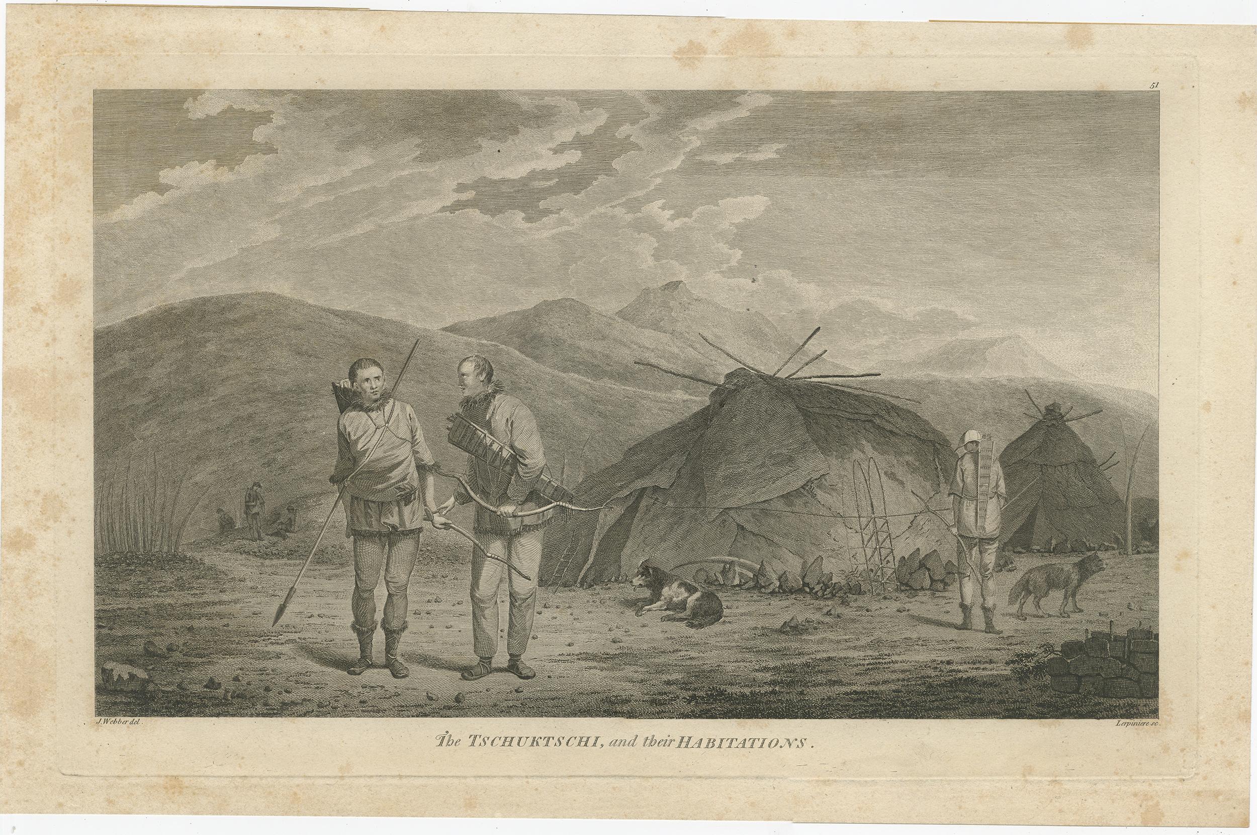 Antique print titled 'The Tschuktschi and their Habitations'. This engraving shows two Tschuktschi (Chukchi) men from the Chukotski Peninsula in Siberia. Webber drew the original image in August 1778 on James Cook's third Pacific Voyage. Cook