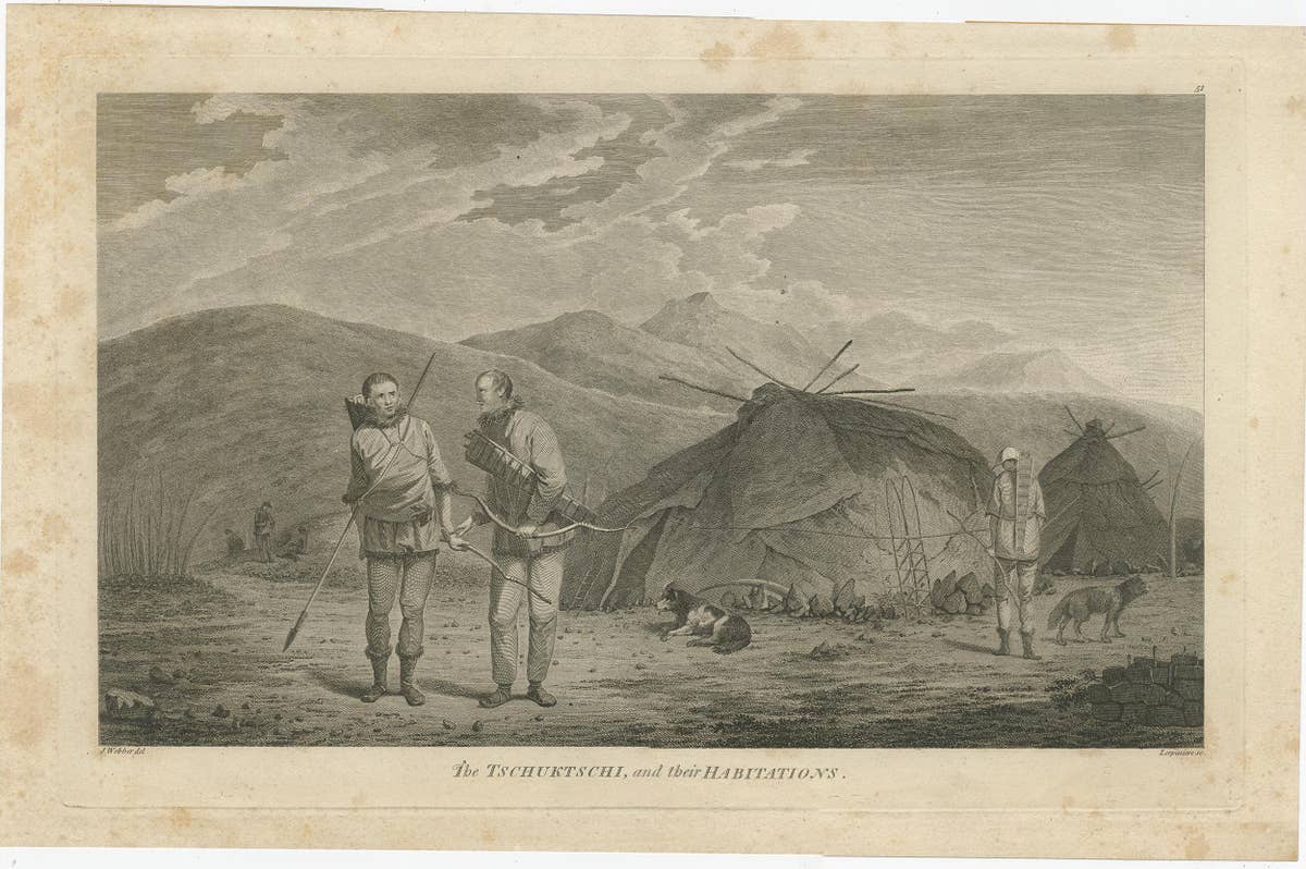 Antique Print of Chukchi Men and Their Habitations in Siberia