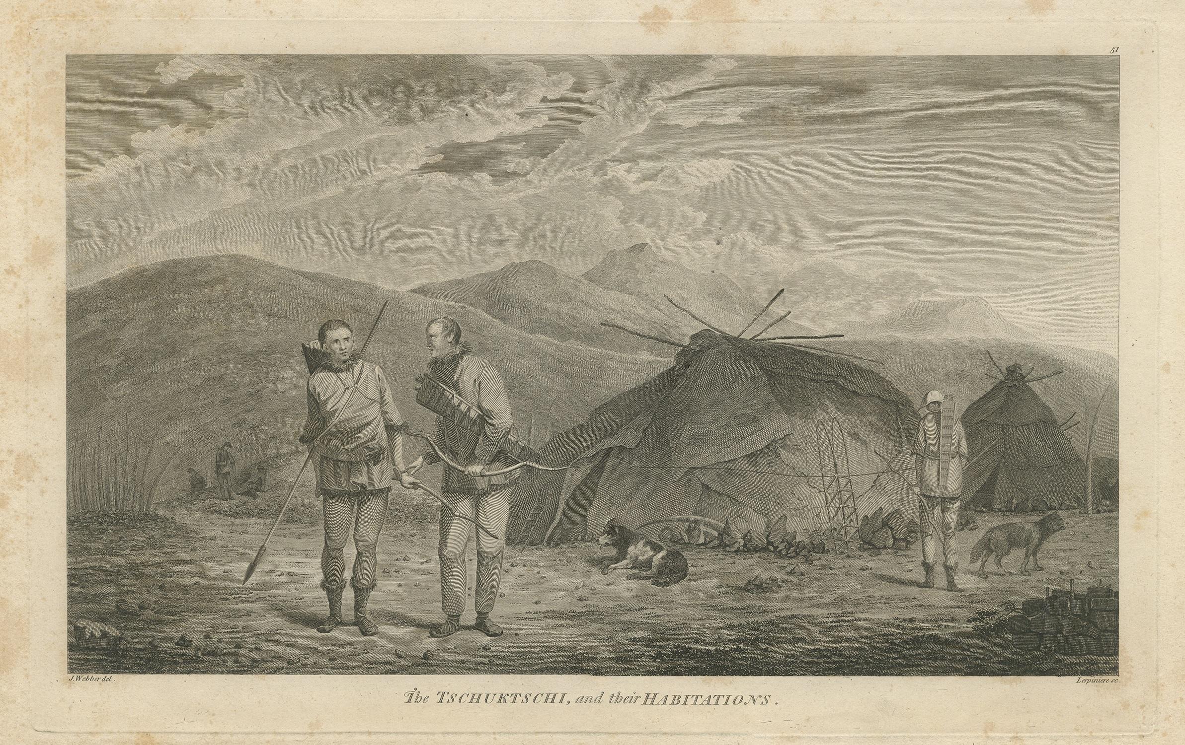 Antique Print of Chukchi Men and Their Habitations in Siberia In Fair Condition For Sale In Langweer, NL