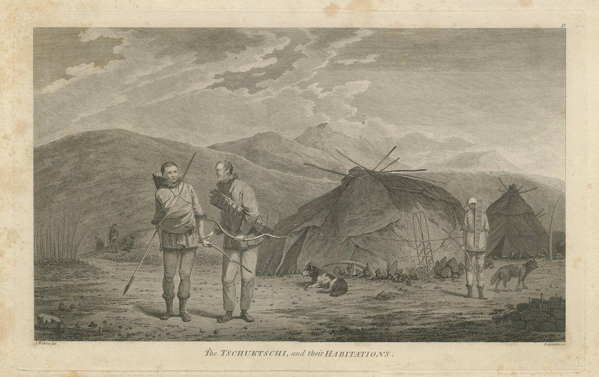 Antique Print of Chukchi Men and Their Habitations in Siberia