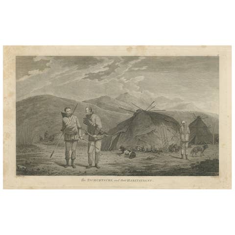 Antique Print of Chukchi Men and Their Habitations in Siberia