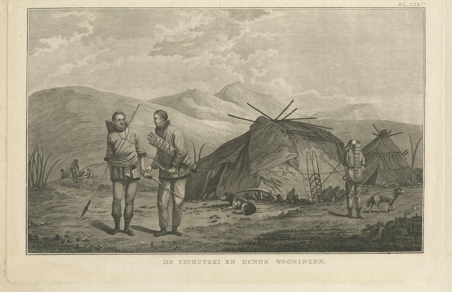 Antique print titled 'De Tschutski en hunne Wooningen'. This print depicts Chukchi people preparing to go bow hunting. Originates from 'Reizen rondom de Waereld' by J. Cook. Translated by J.D. Pasteur. Published by Honkoop, Allart en Van Cleef.