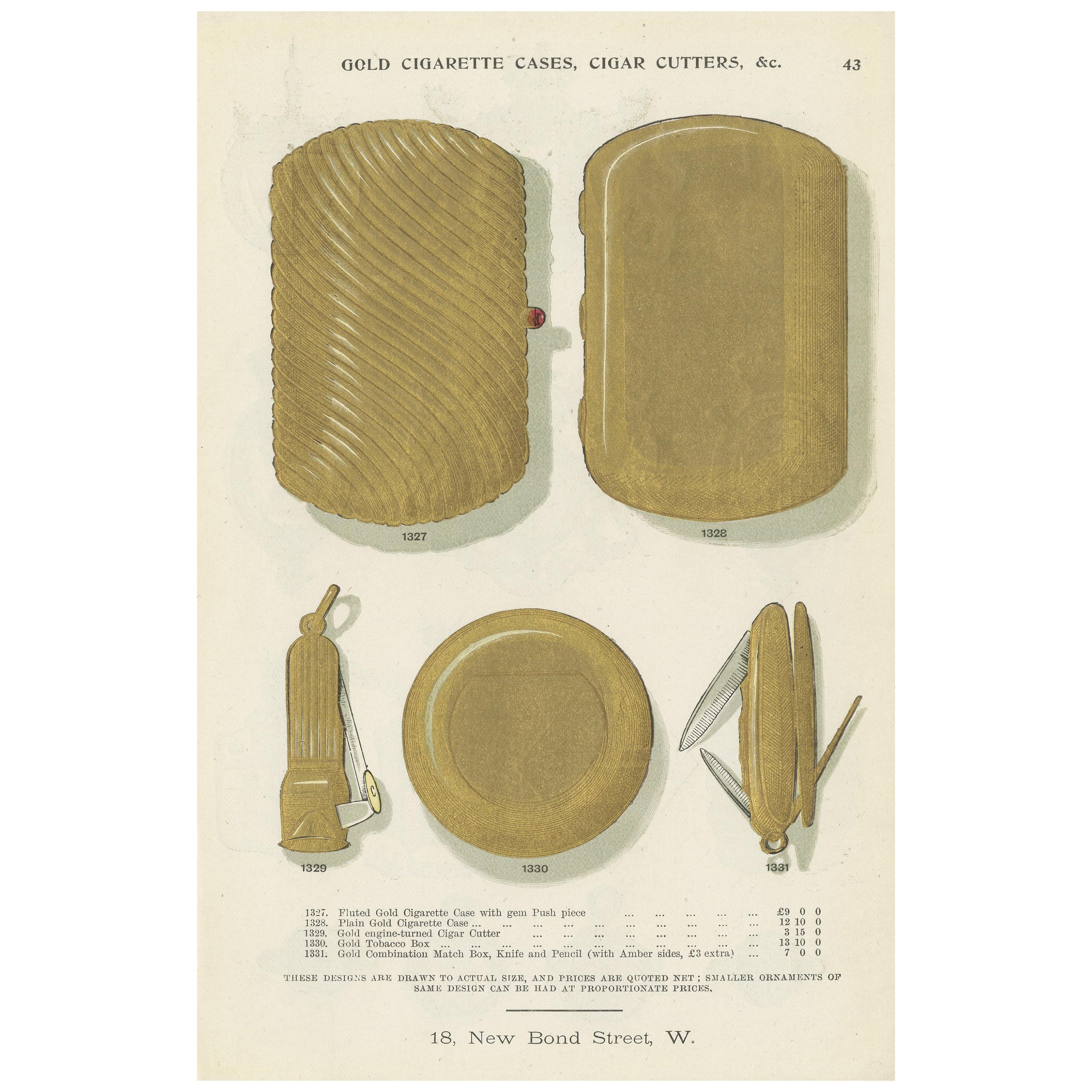 Grabado antiguo de cigarreras y cortapuros de Streeter, 1898 en venta